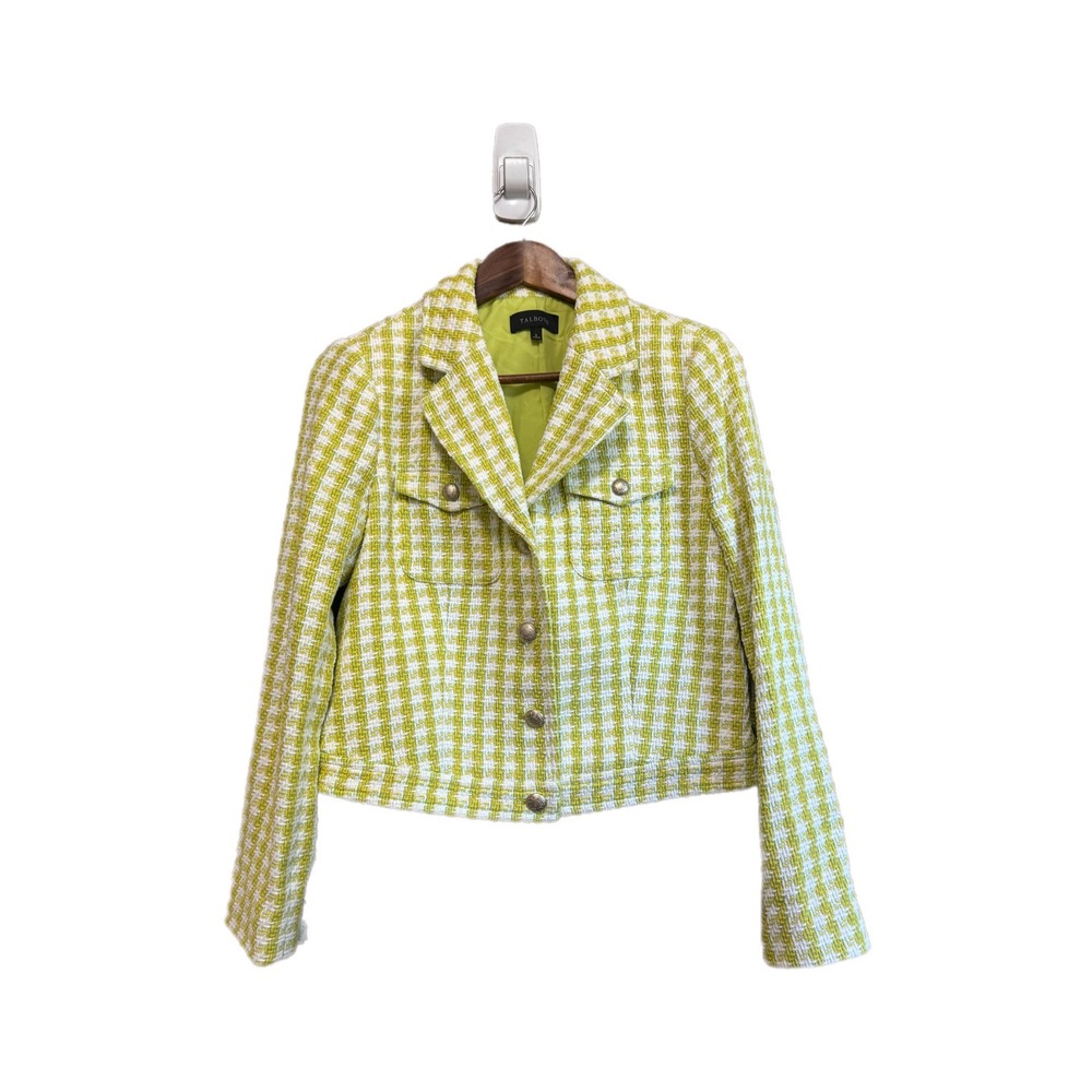 Talbots Tweed Jacket Womens 8 Chartreuse Green White Excellent Houndstooth Crop